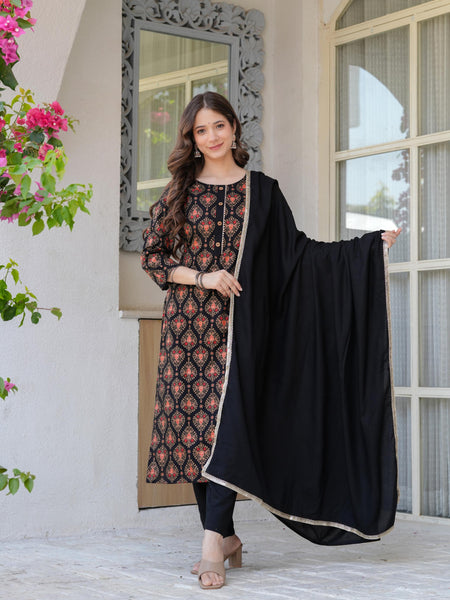 Women's Rayon Flared Kurta & Pants with Dupatta Set