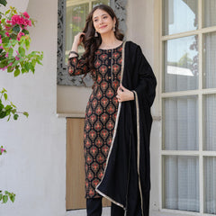 Women's Rayon Flared Kurta & Pants with Dupatta Set