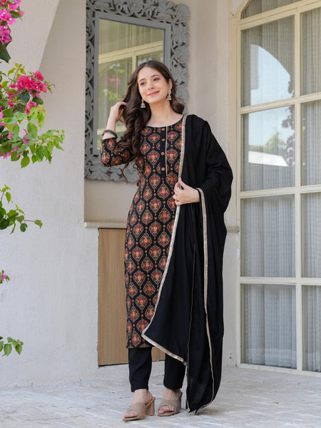 Women's Rayon Flared Kurta & Pants with Dupatta Set