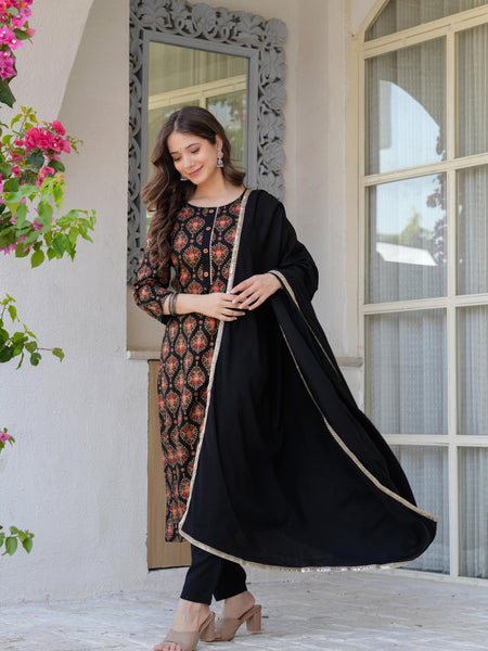 Women's Rayon Flared Kurta & Pants with Dupatta Set