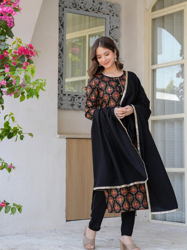 Women's Rayon Flared Kurta & Pants with Dupatta Set