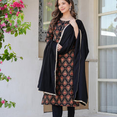 Women's Rayon Flared Kurta & Pants with Dupatta Set