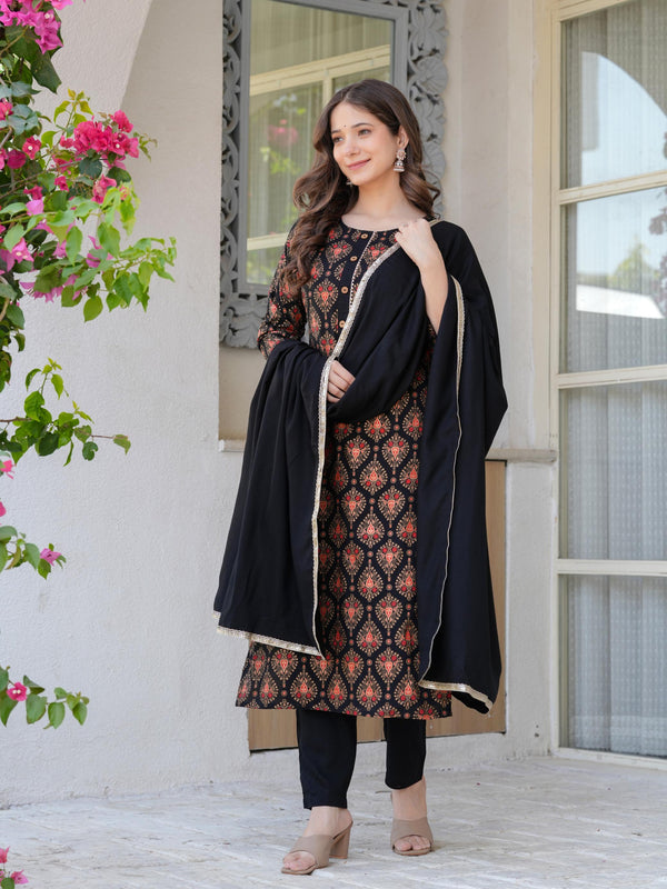 Women's Rayon Flared Kurta & Pants with Dupatta Set