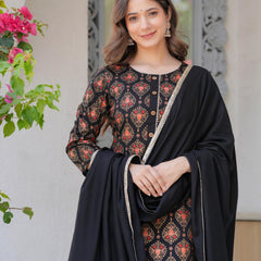 Women's Rayon Flared Kurta & Pants with Dupatta Set
