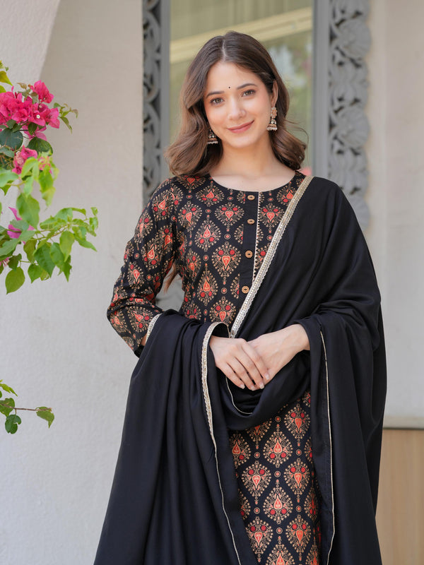 Women's Rayon Flared Kurta & Pants with Dupatta Set