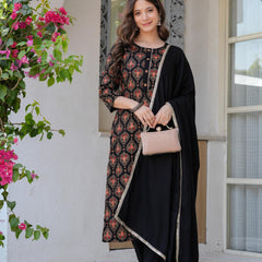 Women's Rayon Flared Kurta & Pants with Dupatta Set