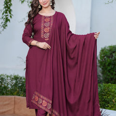 Women's Rayon Flared Kurta & Pants with Dupatta Set