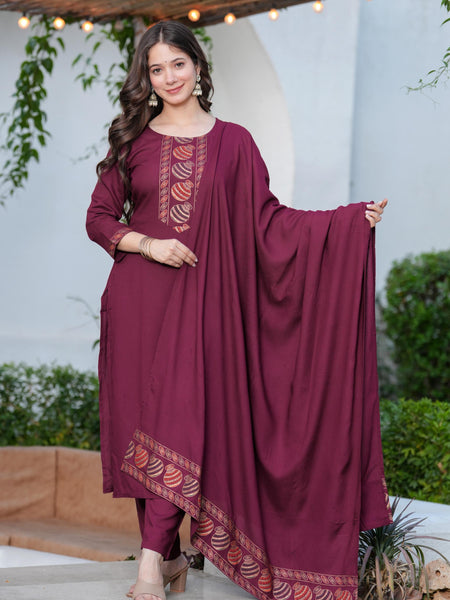 Women's Rayon Flared Kurta & Pants with Dupatta Set