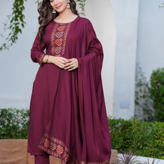 Women's Rayon Flared Kurta & Pants with Dupatta Set