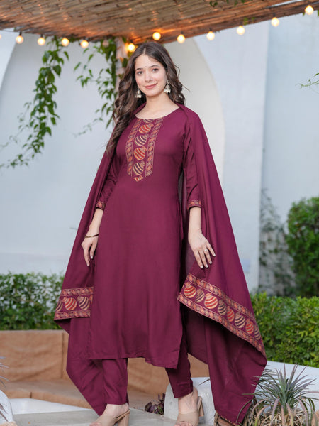 Women's Rayon Flared Kurta & Pants with Dupatta Set
