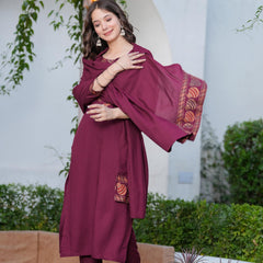 Women's Rayon Flared Kurta & Pants with Dupatta Set