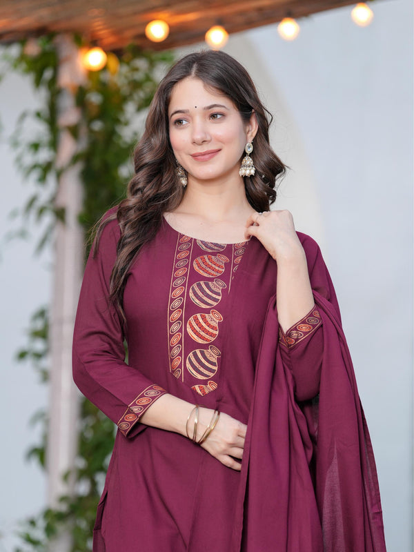 Women's Rayon Flared Kurta & Pants with Dupatta Set