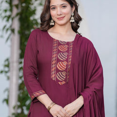 Women's Rayon Flared Kurta & Pants with Dupatta Set