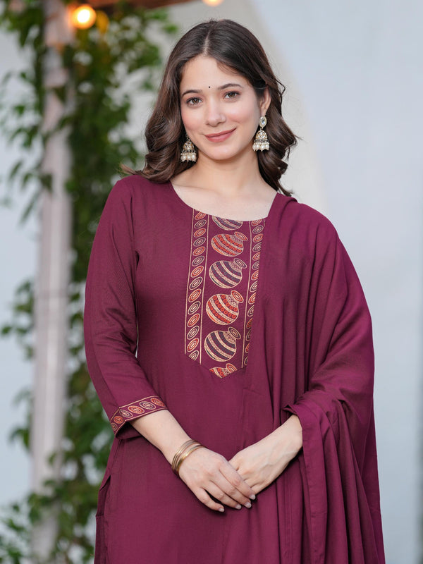 Women's Rayon Flared Kurta & Pants with Dupatta Set