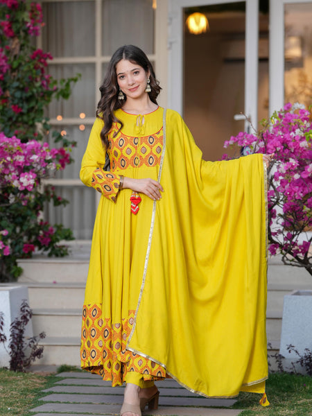 Women's Rayon Anarkali Kurta & Pants with Dupatta Set