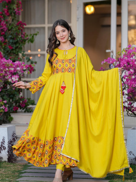 Women's Rayon Anarkali Kurta & Pants with Dupatta Set