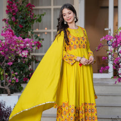Women's Rayon Anarkali Kurta & Pants with Dupatta Set