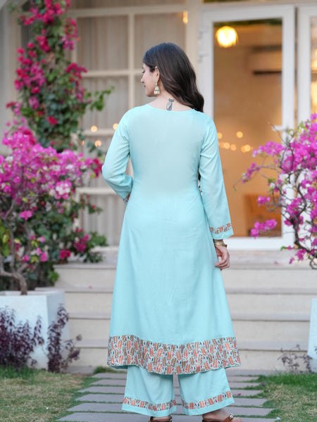 Women's Rayon Flared Kurta & Palazzo with Dupatta Set