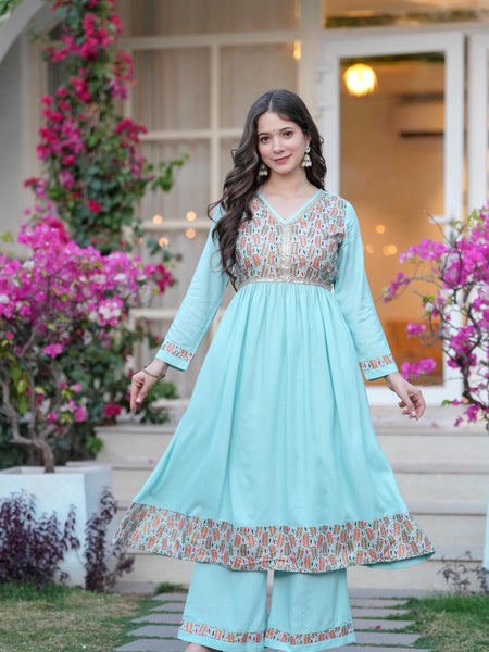 Women's Rayon Flared Kurta & Palazzo with Dupatta Set