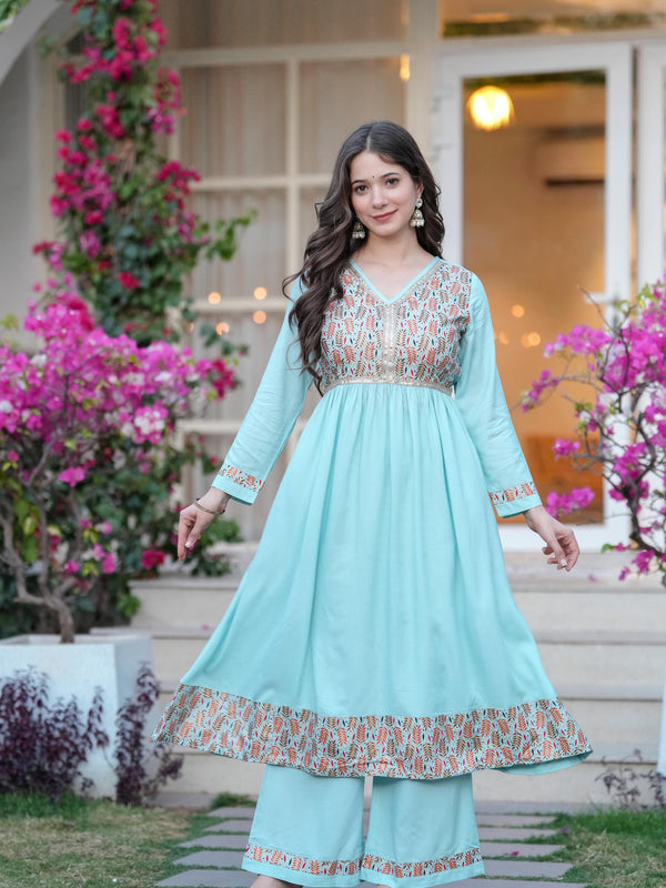 Women's Rayon Flared Kurta & Palazzo with Dupatta Set