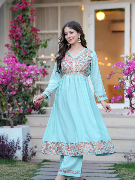 Women's Rayon Flared Kurta & Palazzo with Dupatta Set