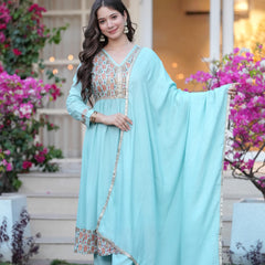 Women's Rayon Flared Kurta & Palazzo with Dupatta Set