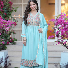 Women's Rayon Flared Kurta & Palazzo with Dupatta Set