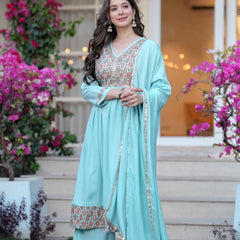 Women's Rayon Flared Kurta & Palazzo with Dupatta Set