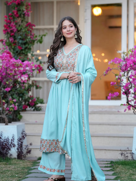 Women's Rayon Flared Kurta & Palazzo with Dupatta Set