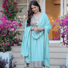 Women's Rayon Flared Kurta & Palazzo with Dupatta Set