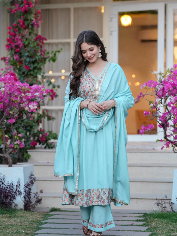 Women's Rayon Flared Kurta & Palazzo with Dupatta Set