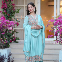 Women's Rayon Flared Kurta & Palazzo with Dupatta Set