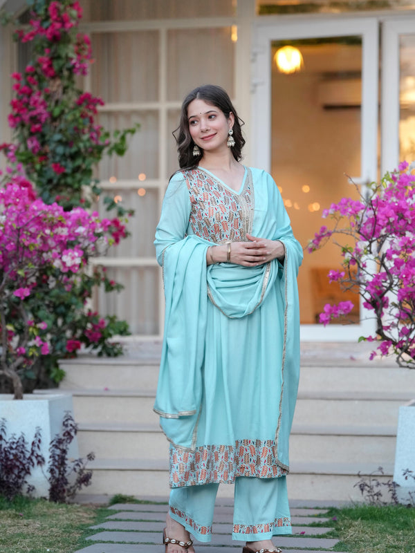 Women's Rayon Flared Kurta & Palazzo with Dupatta Set