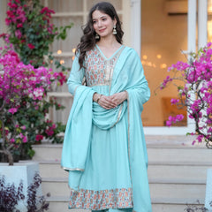 Women's Rayon Flared Kurta & Palazzo with Dupatta Set