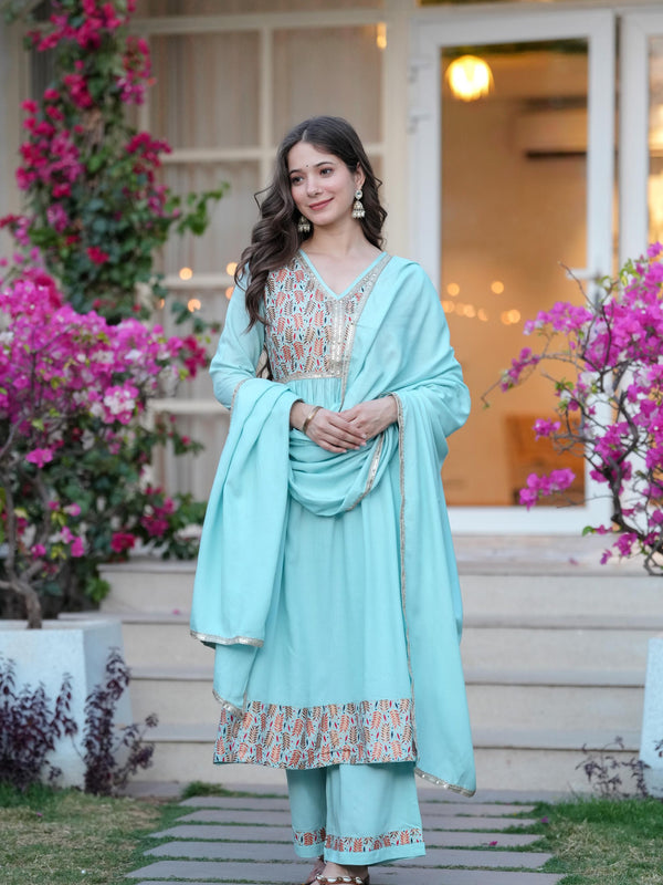 Women's Rayon Flared Kurta & Palazzo with Dupatta Set