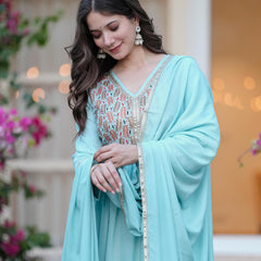 Women's Rayon Flared Kurta & Palazzo with Dupatta Set