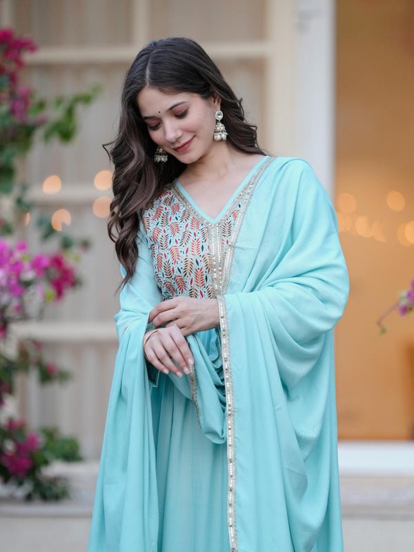 Women's Rayon Flared Kurta & Palazzo with Dupatta Set