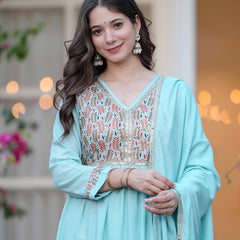 Women's Rayon Flared Kurta & Palazzo with Dupatta Set