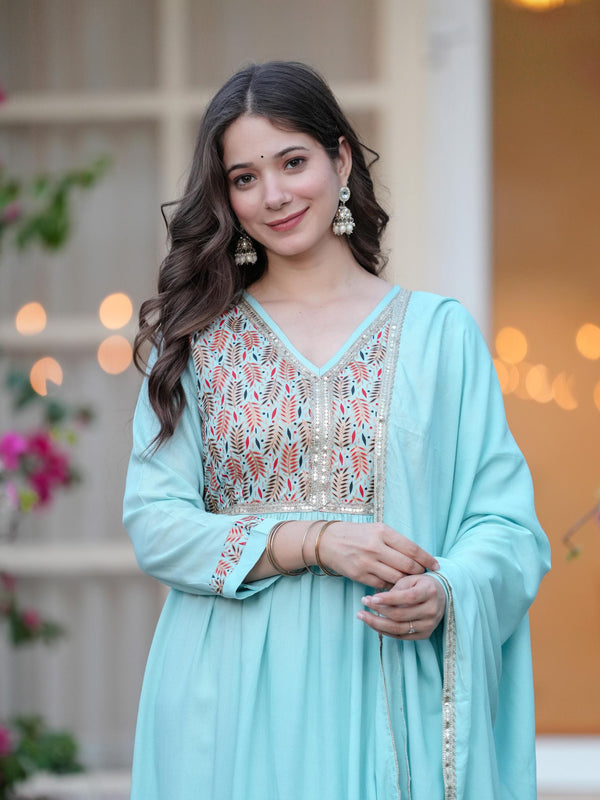 Women's Rayon Flared Kurta & Palazzo with Dupatta Set