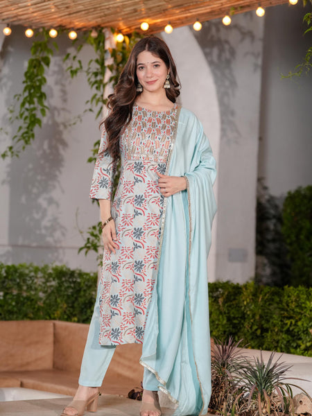 Women's Rayon Straight Kurta & Pants with Dupatta set