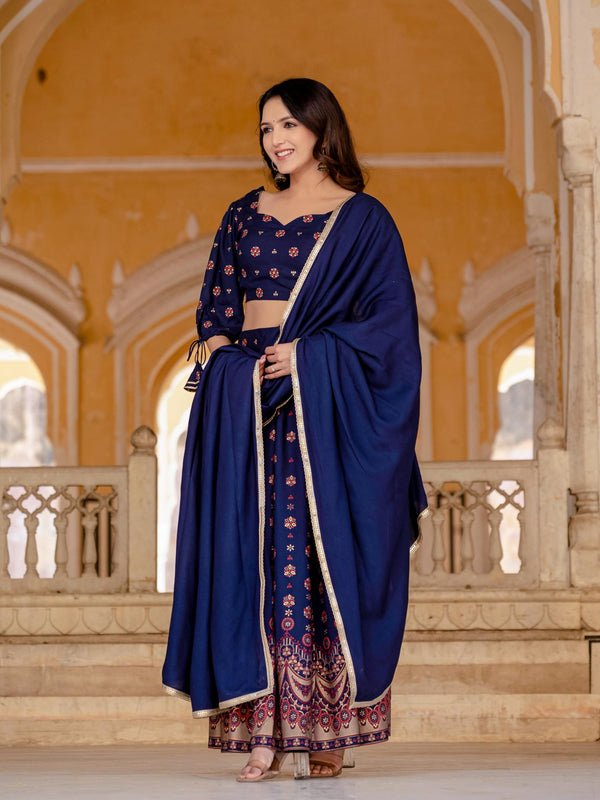 Embroidered Stitched Lehenga & Choli with Dupatta