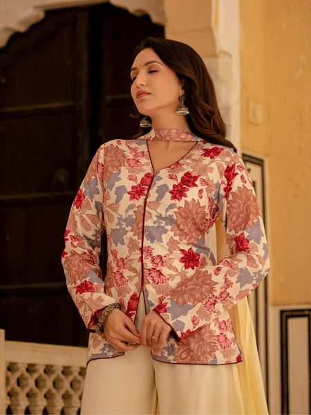 Women Viscose Rayon Ethnic Top Palazzo Dupatta Set